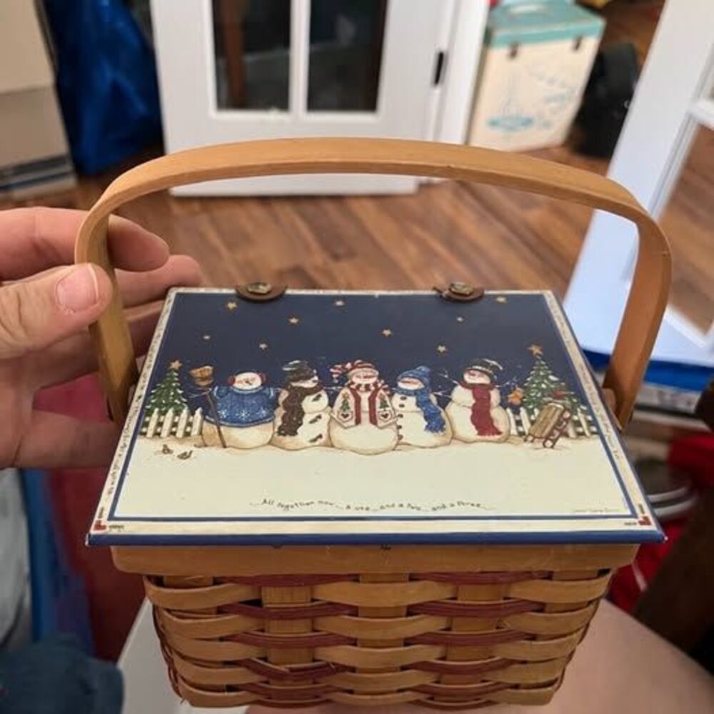 Snowman Woven Wood Basket with Lid